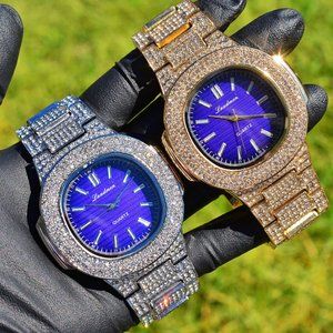 Heavy Iced Out Classic Luxury Blue Dial Lab Simulated Heavy Metal Men's Watch